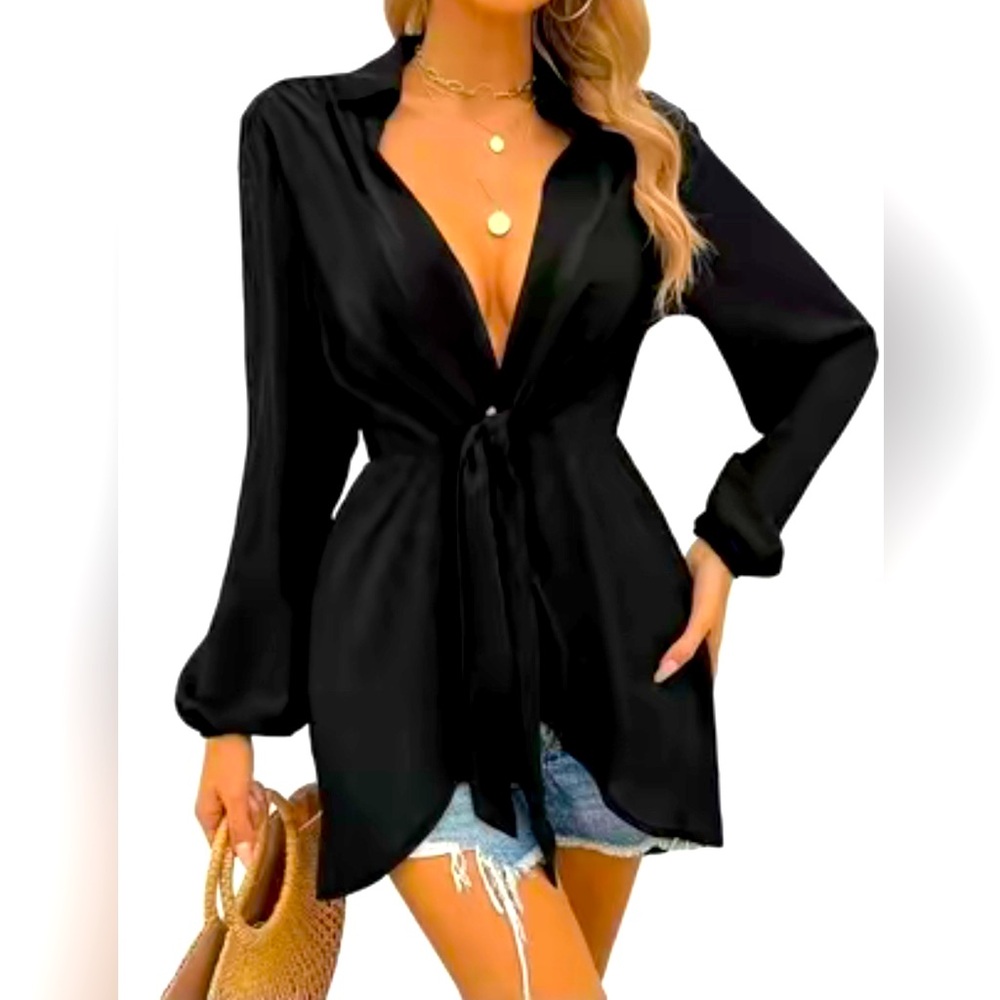 Women's Collar Neck Shirt Dress V-Neckline Asymmetrical Hem Lantern Sleeve